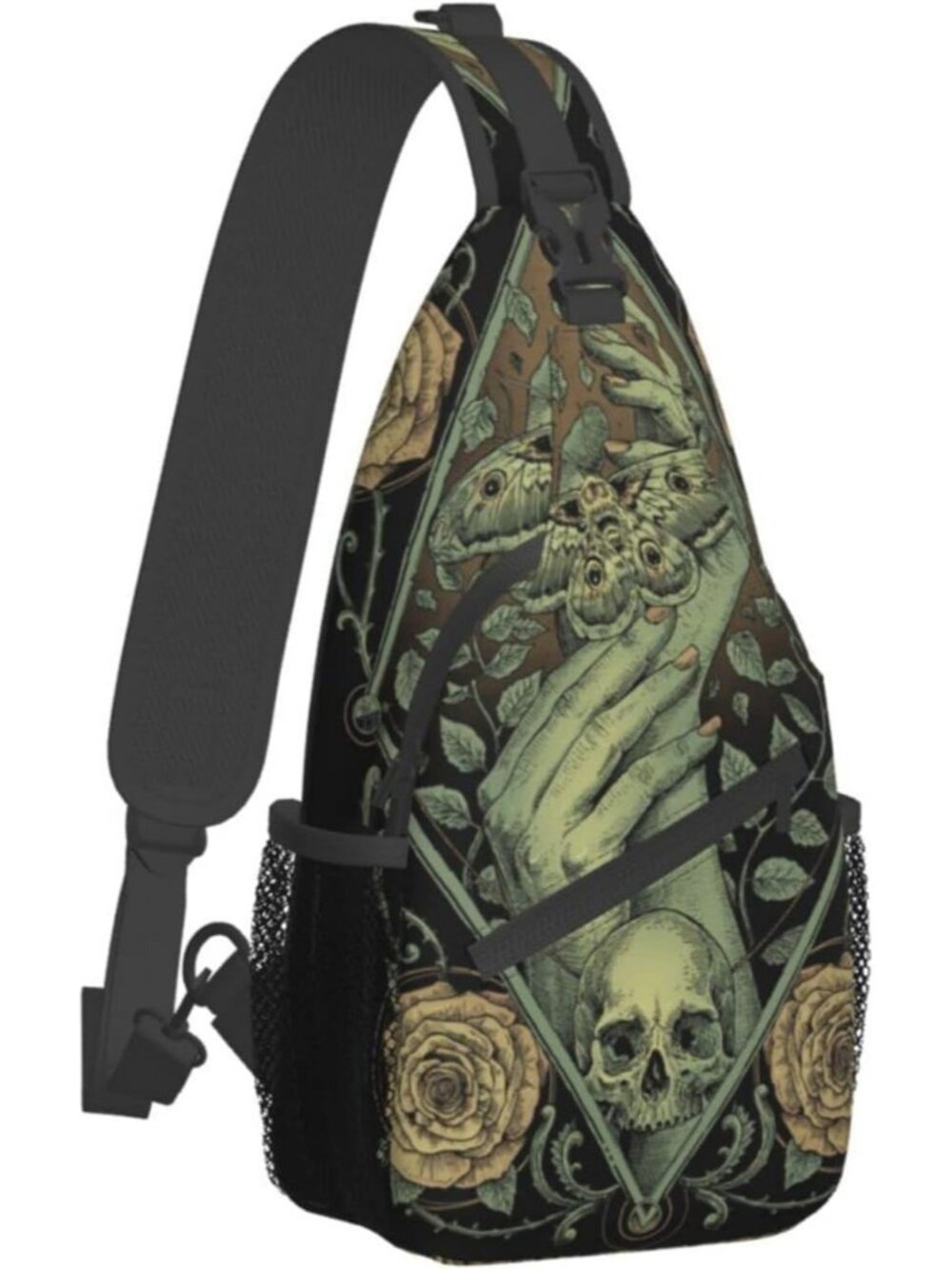 Unisex Black Green Gothic Skull Cat Sling Backpack Shoulder Chest Crossbody Bag